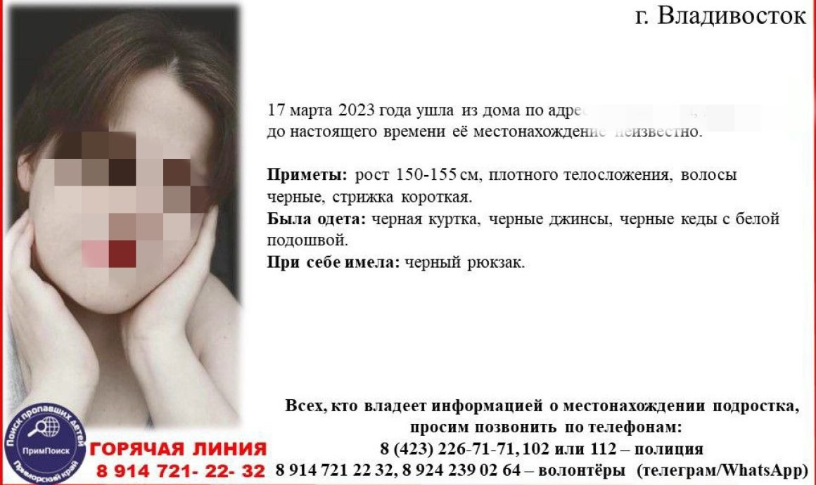 Завершены поиски юной жительницы Владивостока, пропавшей 2 недели назад
